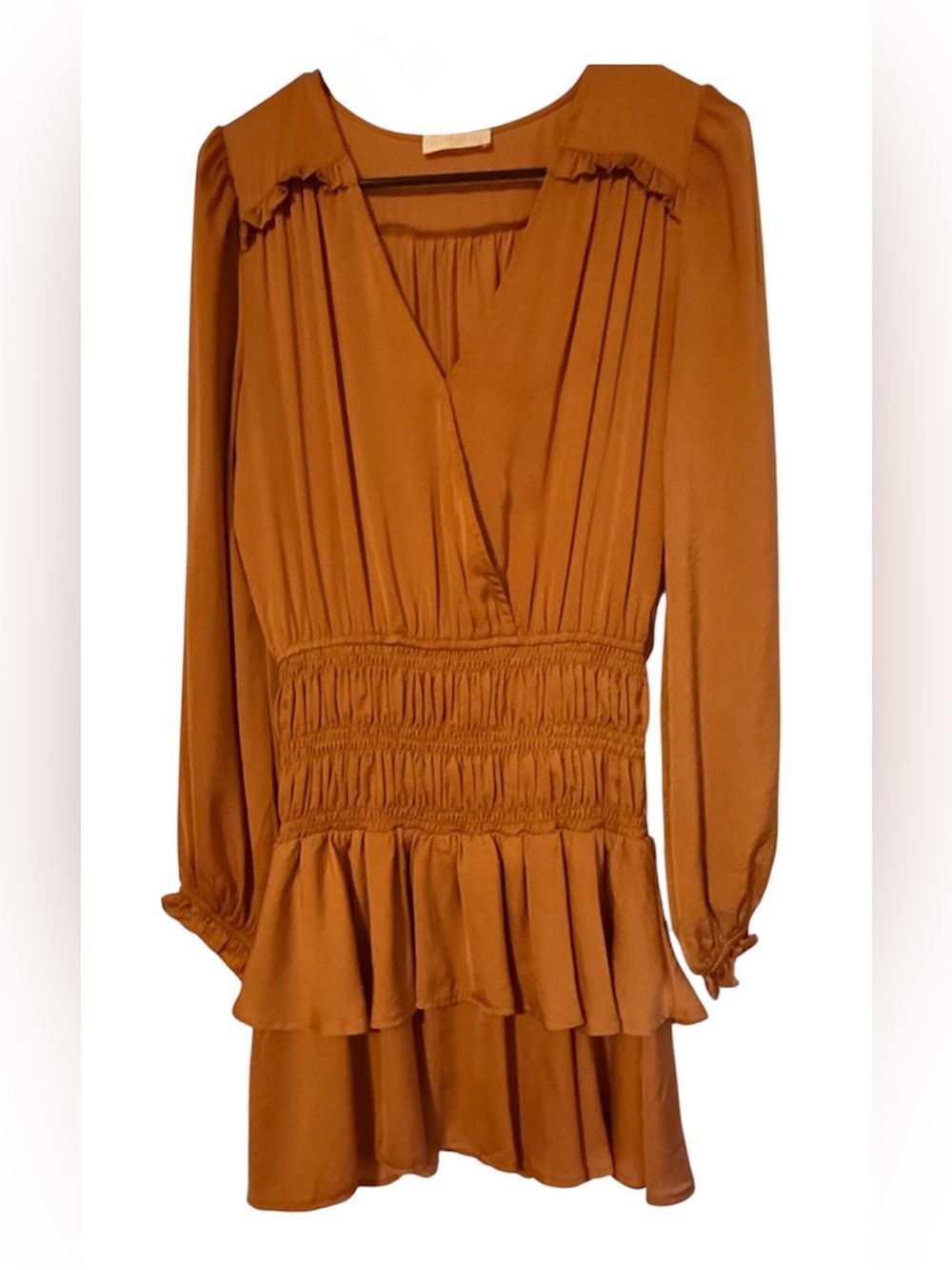 Chrysanthemum Long Sleeve Ruffled Waist Peplum Dress Size Small Burn Orange Rust